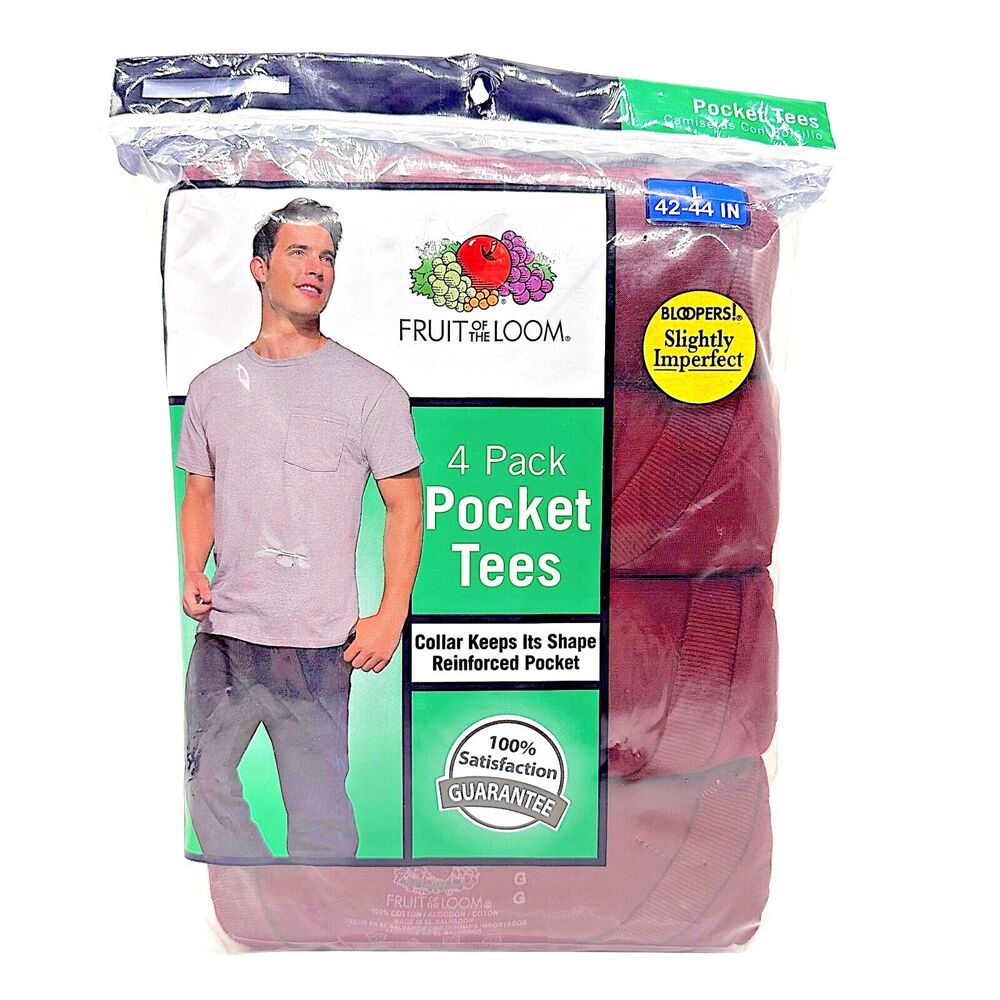 NEW Fruit of the Loom Bloopers Pocket Tees 4Pk Maroon Large
